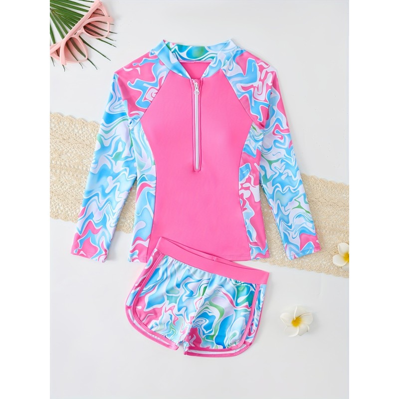 Girl Swimwear Factory - Long Sleeves Sports Surfing Tankini Set Two-Piece Bathing Suits