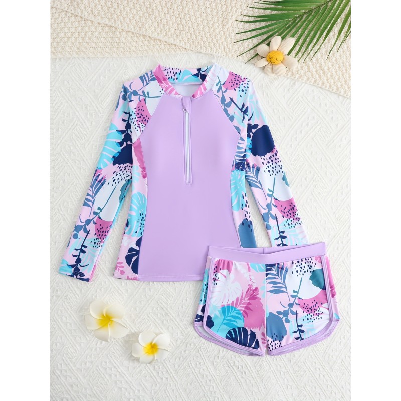 Girl Swimwear Factory - Long Sleeves Sports Surfing Tankini Set Two-Piece Bathing Suits