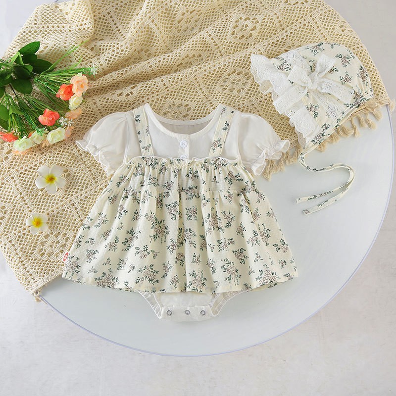 Baby Girl Clothes Supplier - 3-24Months Summer with Hat Cute Floral Lace Jumpsuits