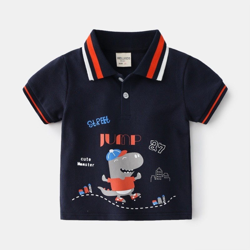 Boys Polo Shirts Factory - 2025 New Cotton Dinosaur Printed Color Block Collar Casual