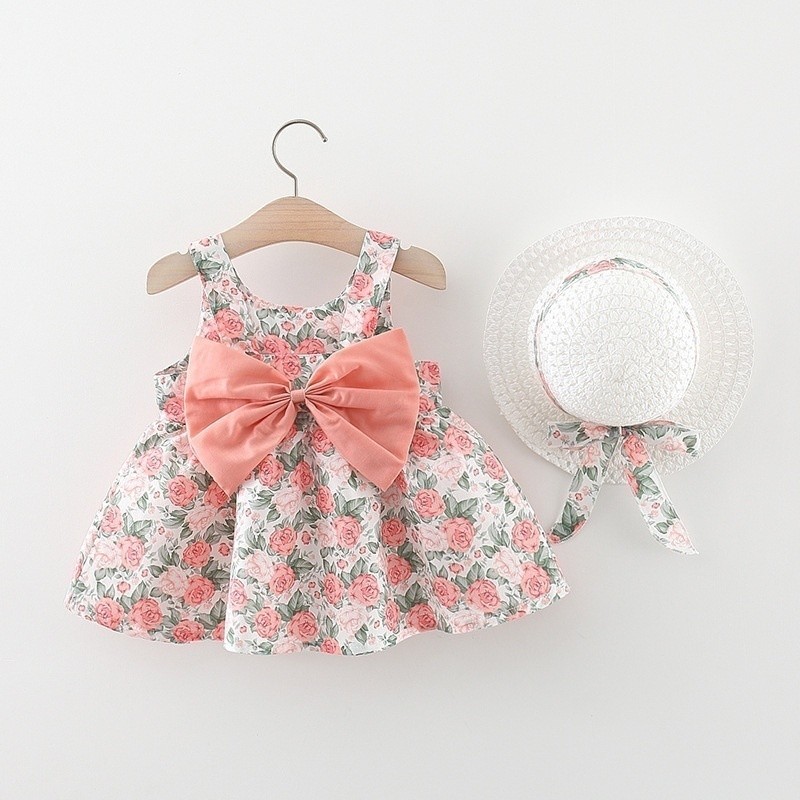 Summer Girl Dress Supplier - New Sweet Sleeveless Small Flower Print Big Bow Cotton