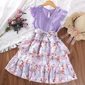 Summer Girls Dress Supplier - New Bow Decoration V-Neck Splicing Floral Pattern Party