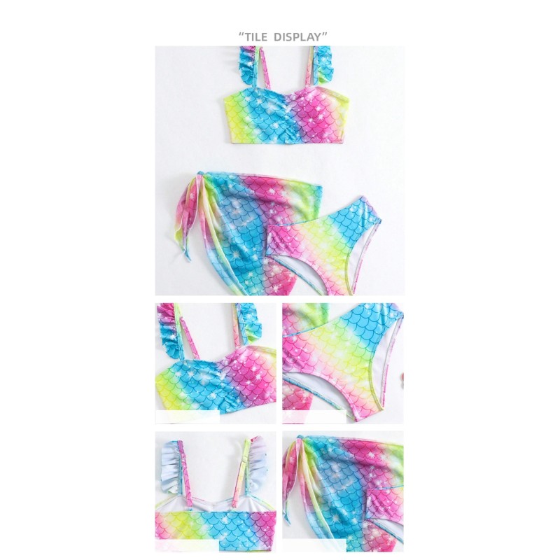 Girls Swimsuits Supplier - Fish Scale Print Tankini Summer Beachwear 3 Pieces Bikini
