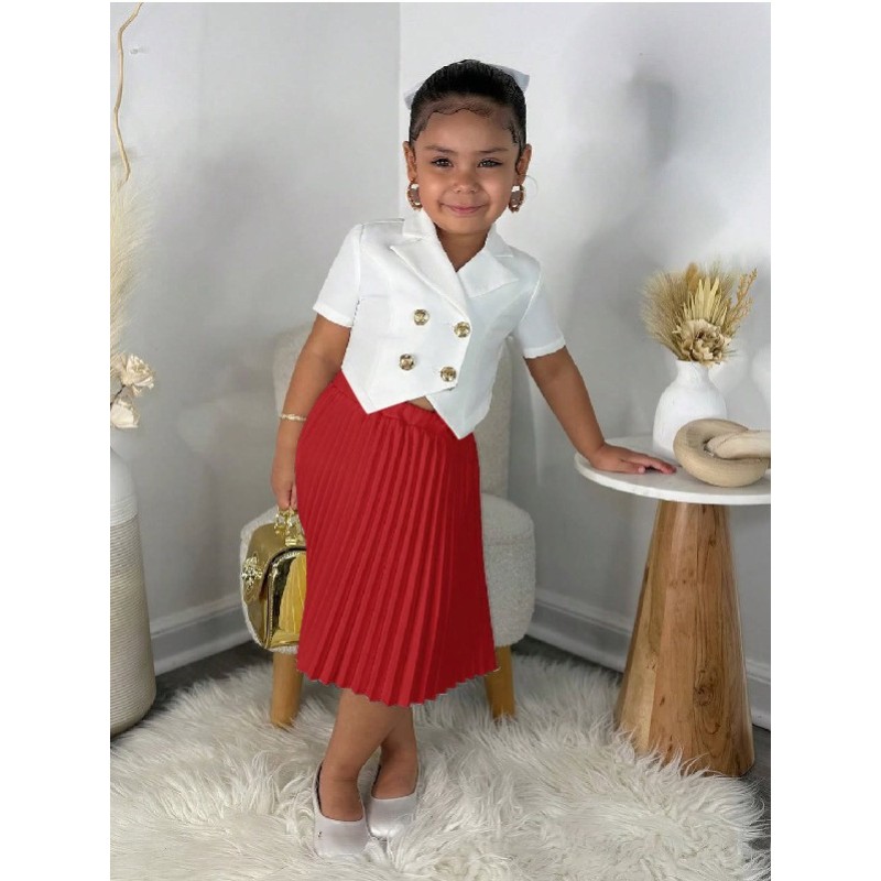 Girls Suit Factory - Hot Selling Two-Piece Set Solid Short Sleeve Buttons Top Skirt