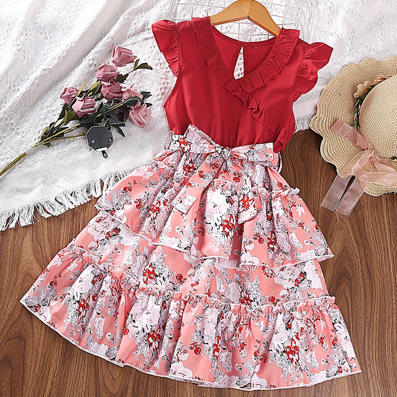 Summer Girls Dress Supplier - New Bow Decoration V-Neck Splicing Floral Pattern Party