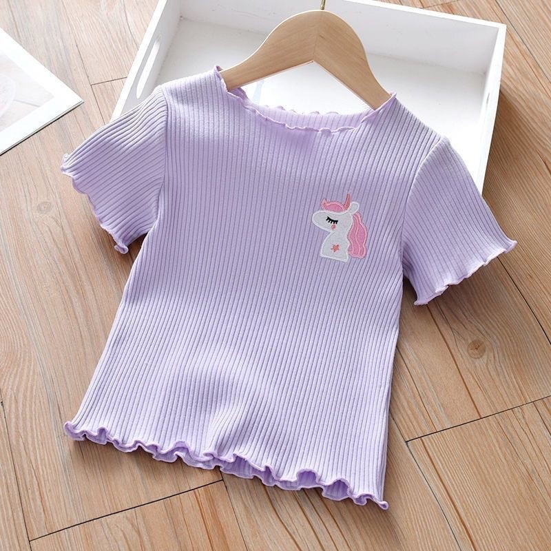 Girls T-Shirt Supplier - Embroidered Short Sleeve Ice Silk Top with Ruffle Trim 1-6 Years