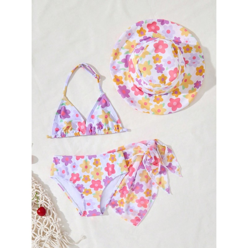 Girl Swimsuit Set Manufacturer - 4pcs/set Floral Bikini Sleeveless Tie up Top Shorts