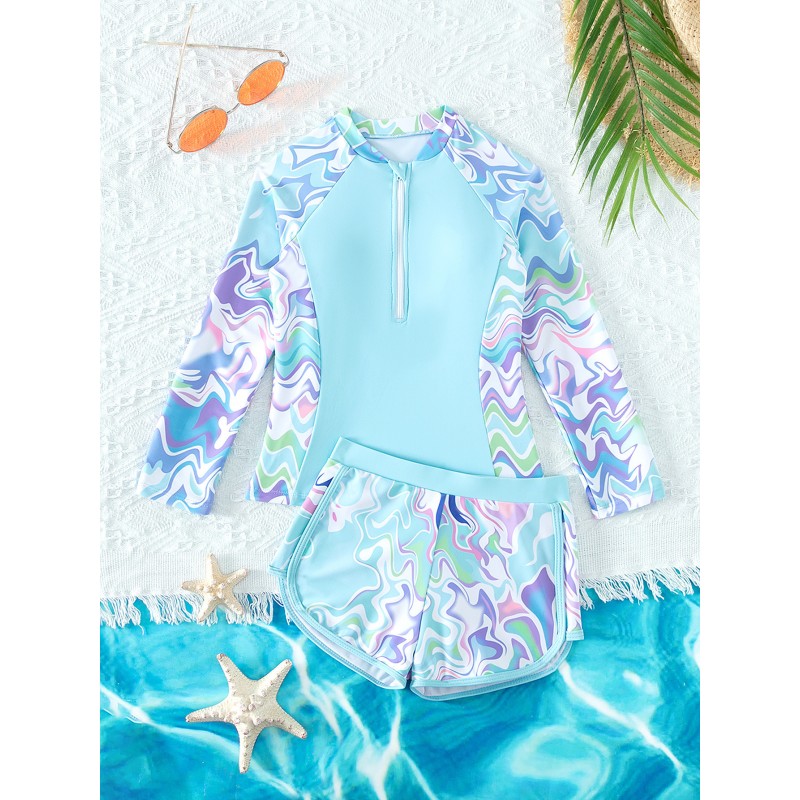 Girl Swimming Suit Manufacturer - Long Sleeves Sports Surfing Tankini Set Pool Swimwear