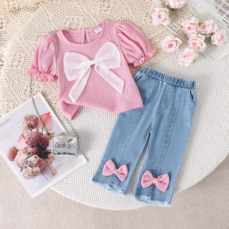 Baby Clothing Factory - 2025 Spring Summer Toddler Sets Short Sleeve Pink Long Jeans