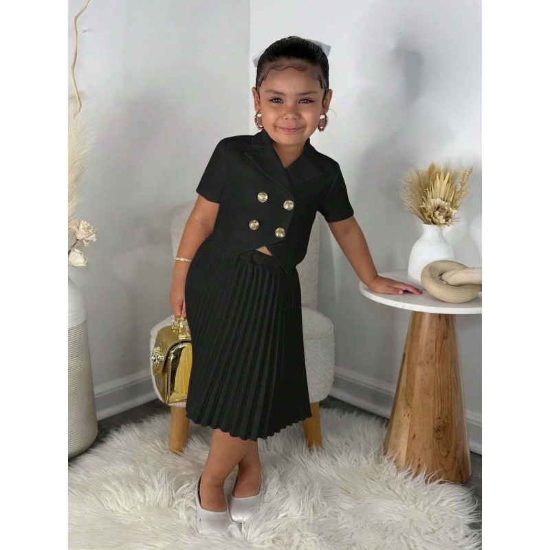 Girls Suit Factory - Hot Selling Two-Piece Set Solid Short Sleeve Buttons Top Skirt