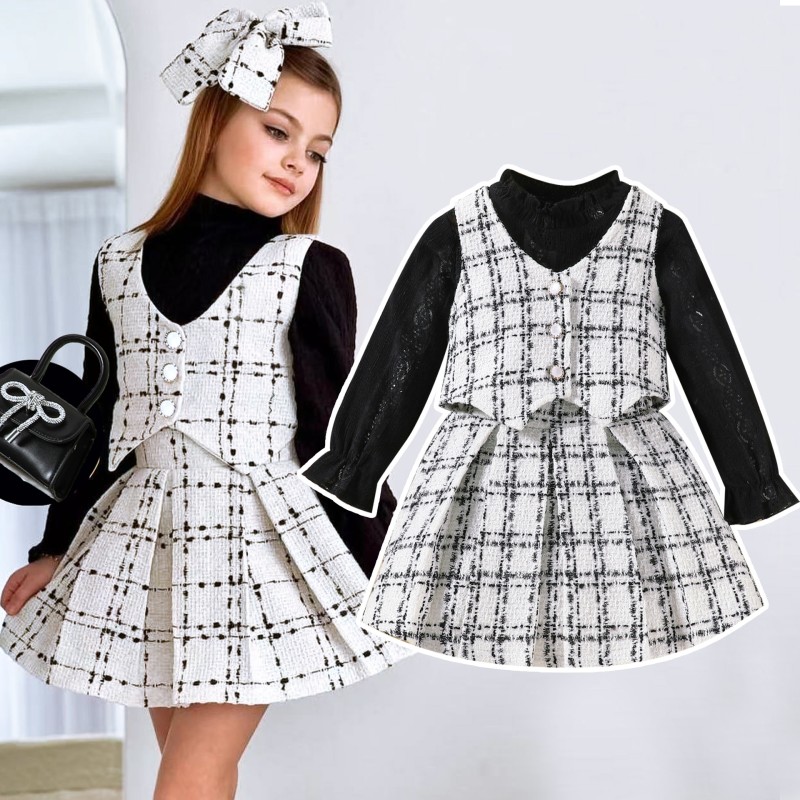 Girls Clothing Sets Supplier - 2025 Autumn Winter Wholesale Lace Top Plaid Skirt 3Pcs