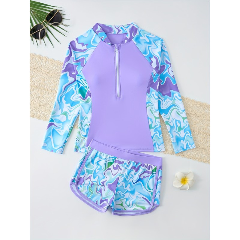 Girl Swimwear Factory - Long Sleeves Sports Surfing Tankini Set Two-Piece Bathing Suits