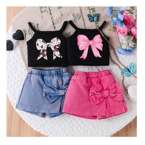 Summer Girls Clothes Factory - 2 Piece Set Suspenders Bow Print Top Asymmetrical Skirt
