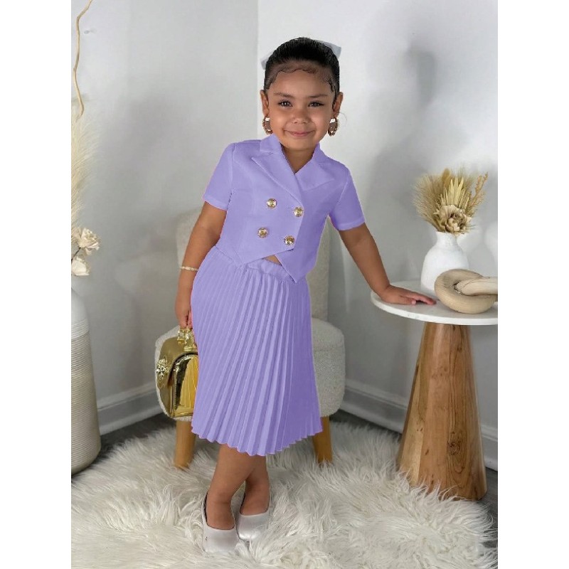 Girls Suit Factory - Hot Selling Two-Piece Set Solid Short Sleeve Buttons Top Skirt