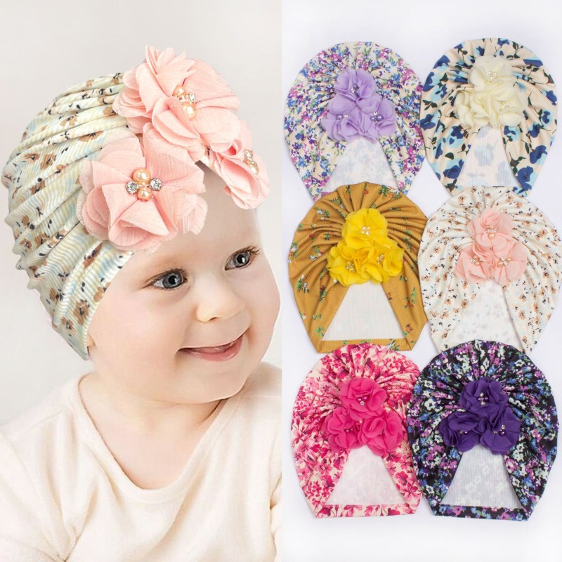 Baby Hat Factory - New Fashion Cute Printing Head Cotton Flower Boneless Set