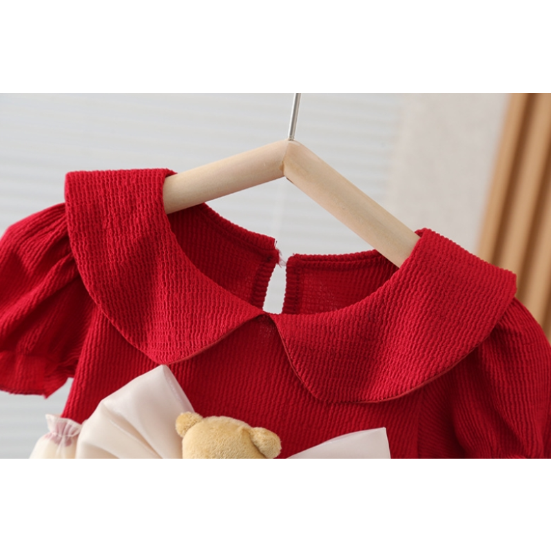 Baby Girl Dress Manufacturer - Summer New Red Short Sleeved Sweet Bow Children's Clothing