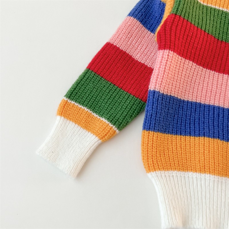 Children Sweaters Factory - Autumn Winter Rainbow Striped Knitted Pullover Boys Girls