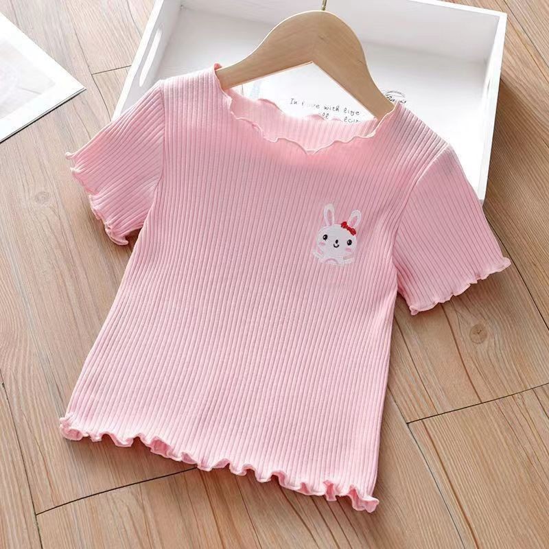 Girls T-Shirt Supplier - Embroidered Short Sleeve Ice Silk Top with Ruffle Trim 1-6 Years