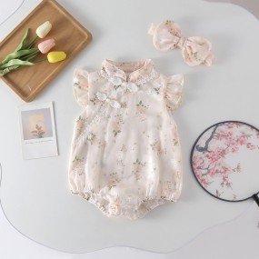 Baby Romper Set Manufacturer - with Hairband Floral Print Fly Sleeve Bodysuit 0-24 Months