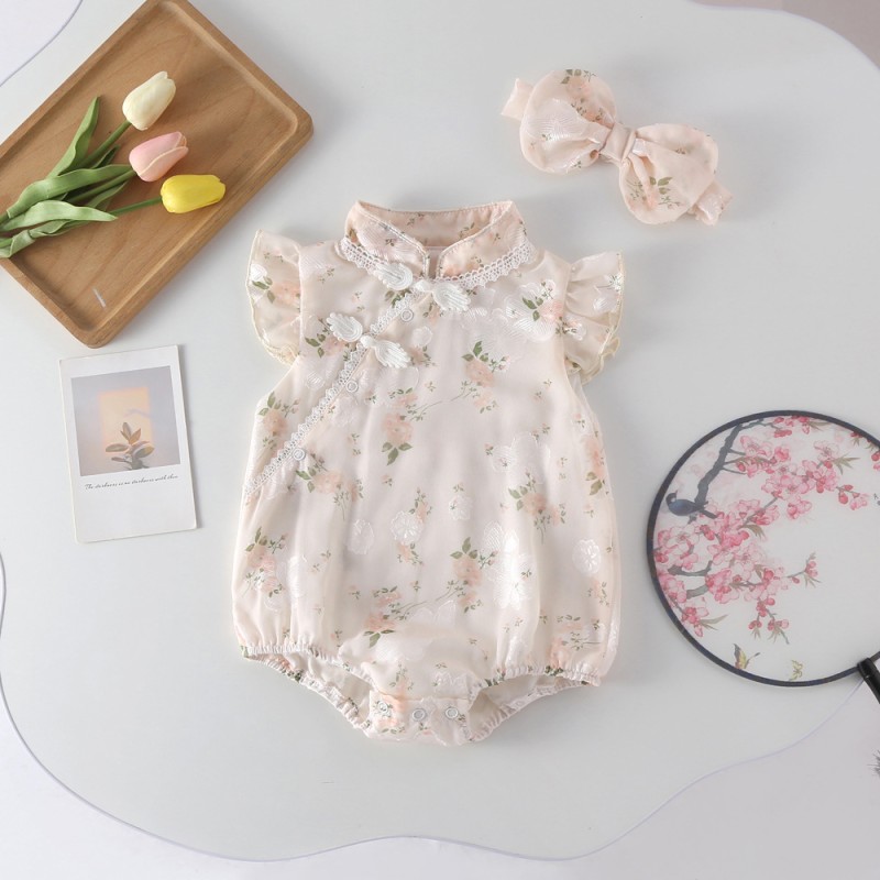 Baby Romper Set Manufacturer - with Hairband Floral Print Fly Sleeve Bodysuit 0-24 Months