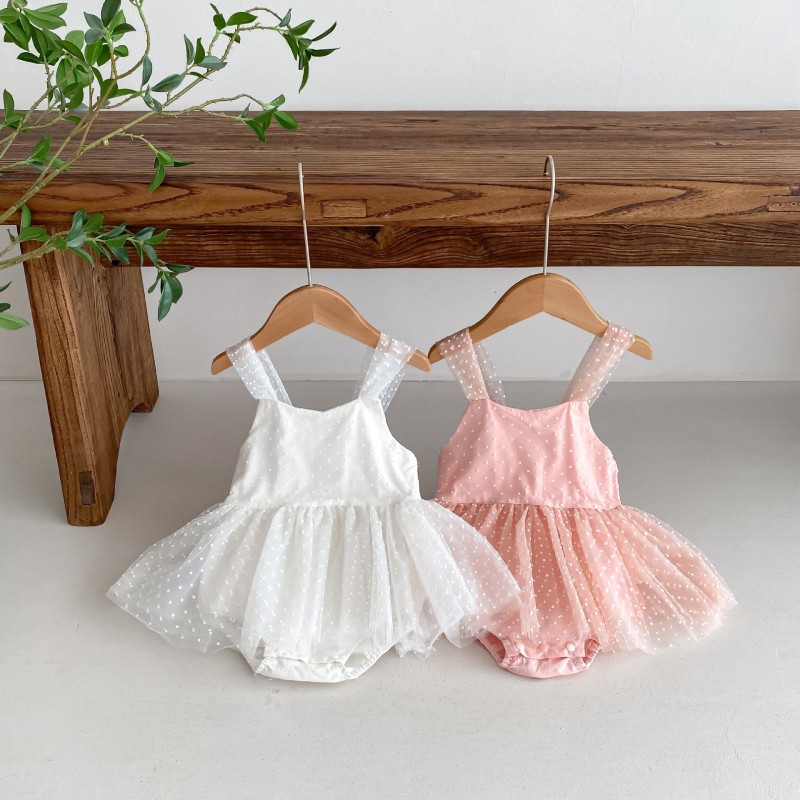 Newborn Jumpsuit Supplier - Baby Girls Romper White Pink Gauze Polka Dot Princess Dress