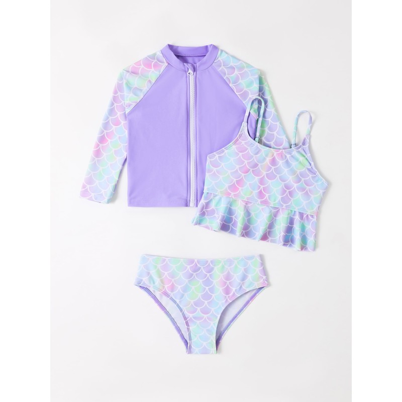 Girls Swimwear Manufacturer - 3 Pack High Waist Bikini Set With UV Protection Long Sleeves