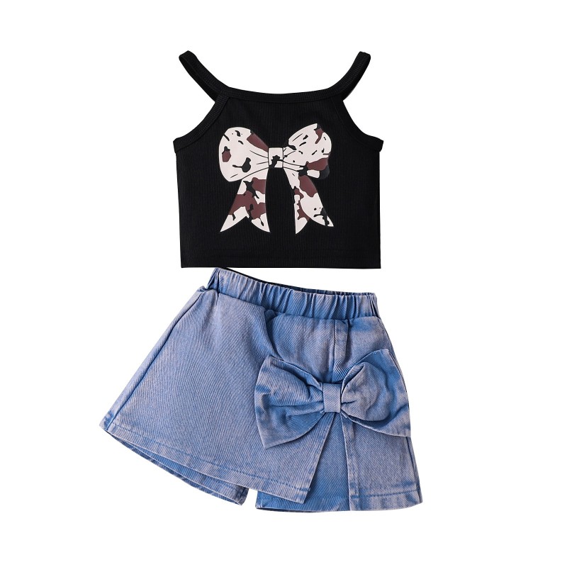 Summer Girls Clothes Factory - 2 Piece Set Suspenders Bow Print Top Asymmetrical Skirt