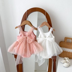 Newborn Jumpsuit Supplier - Baby Girls Romper White Pink Gauze Polka Dot Princess Dress