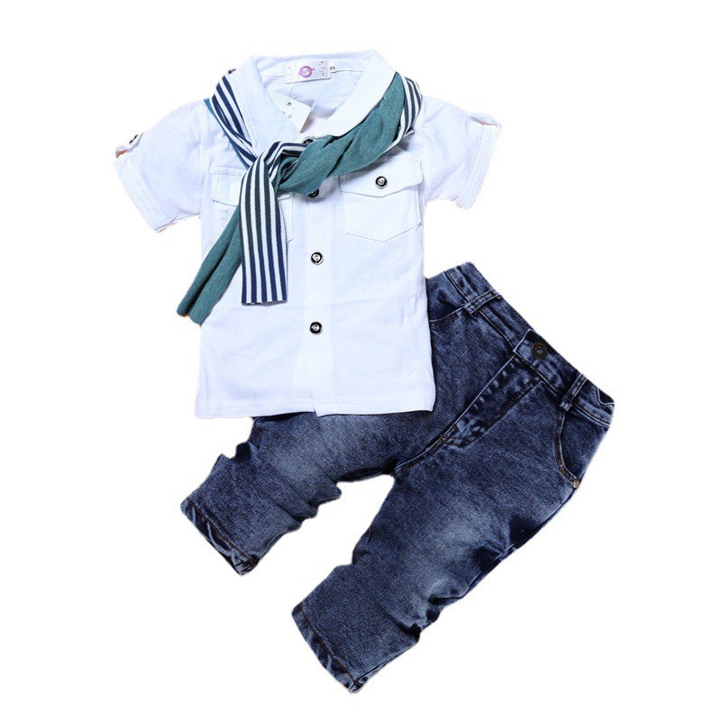 Boys Outfits Supplier - 2025 Summer 3Pcs Kids Random Cool Clothes T-Shirt Jeans Scarf