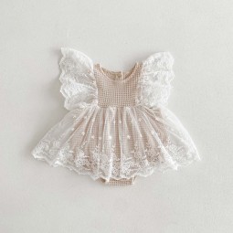 Baby Girl Dress Factory - Waffle Grid Lace Romper Korean Style Chic Summer Outfit