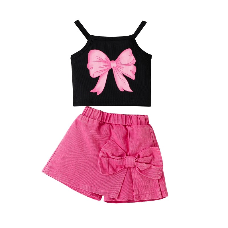 Summer Girls Clothes Factory - 2 Piece Set Suspenders Bow Print Top Asymmetrical Skirt