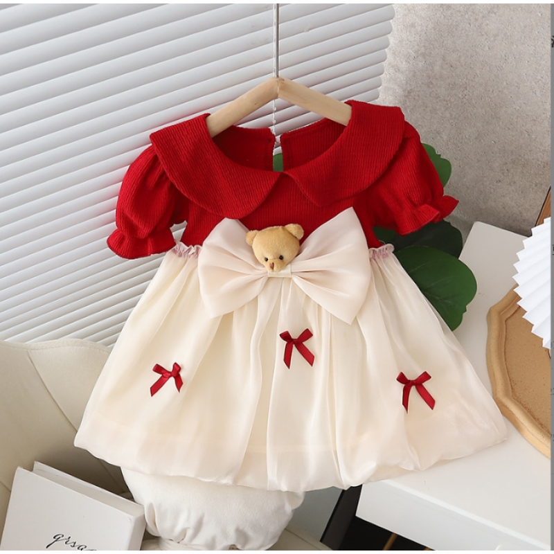 Baby Girl Dress Manufacturer - Summer New Red Short Sleeved Sweet Bow Children's Clothing