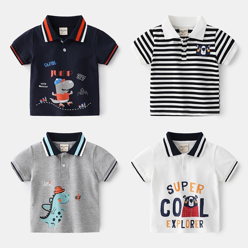 Boys Polo Shirts Factory - 2025 New Cotton Dinosaur Printed Color Block Collar Casual