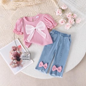Baby Clothing Factory - 2025 Spring Summer Toddler Sets Short Sleeve Pink Long Jeans
