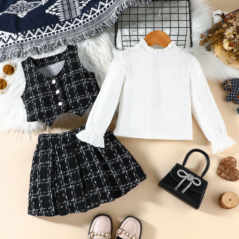 Girls Clothing Sets Supplier - 2025 Autumn Winter Wholesale Lace Top Plaid Skirt 3Pcs