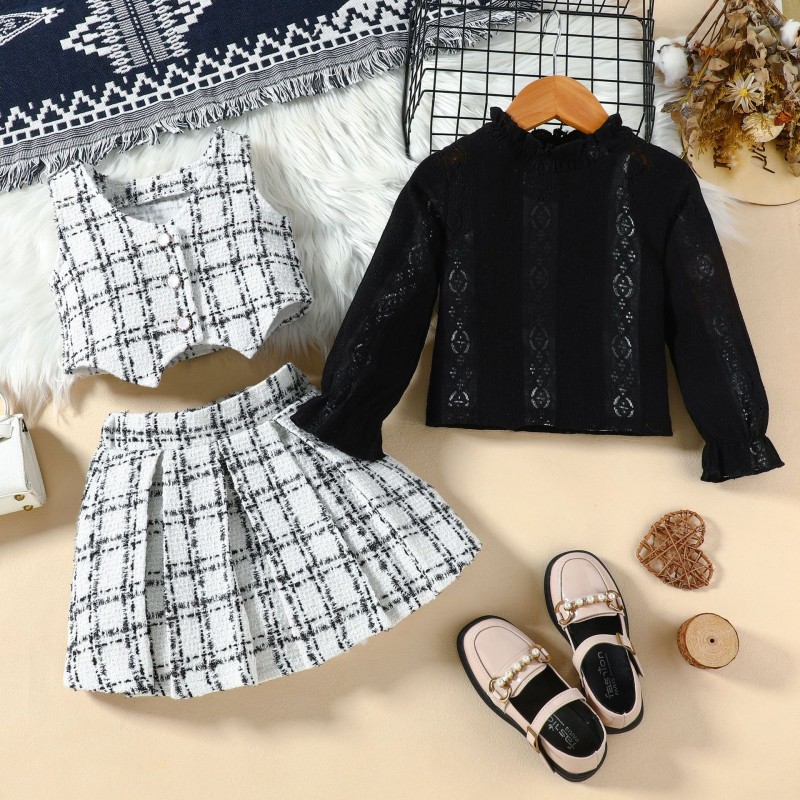 Girls Clothing Sets Supplier - 2025 Autumn Winter Wholesale Lace Top Plaid Skirt 3Pcs