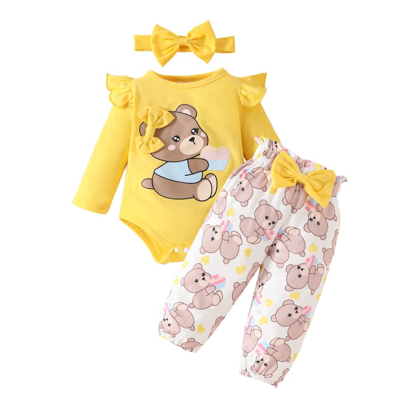 Baby Girl Outfit Manufacturer - Cute Bear Print Long Sleeve Romper Heart Patterned Pants