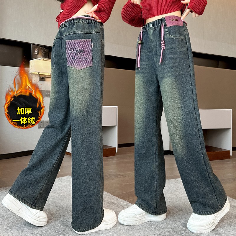 Girls Fleece Jeans Factory - Extra-thick One-piece Fleece Winter Outerwear Warm Loose