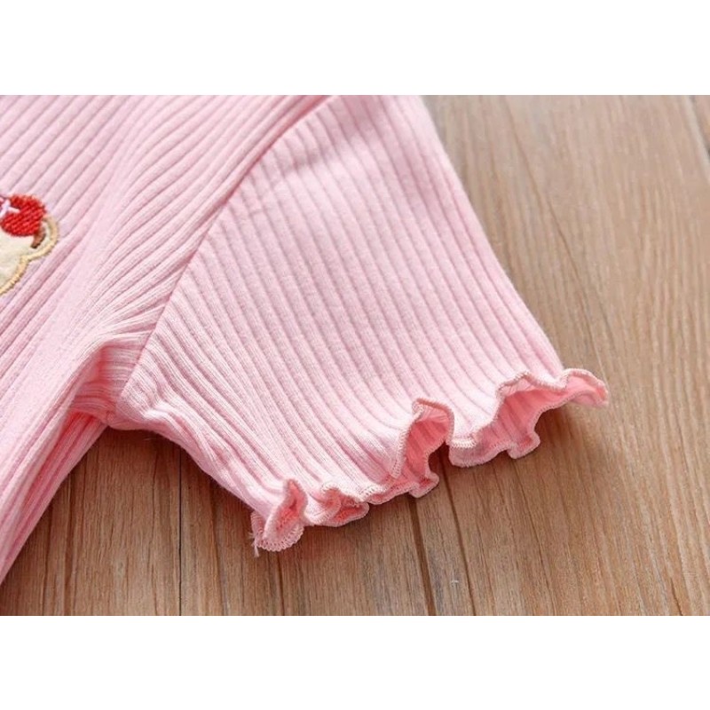 Girls T-Shirt Supplier - Embroidered Short Sleeve Ice Silk Top with Ruffle Trim 1-6 Years