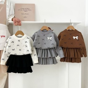 Children Clothing Factory - Korean Style Knitted Sweater Tiered Dress 2-Piece Suit Girls