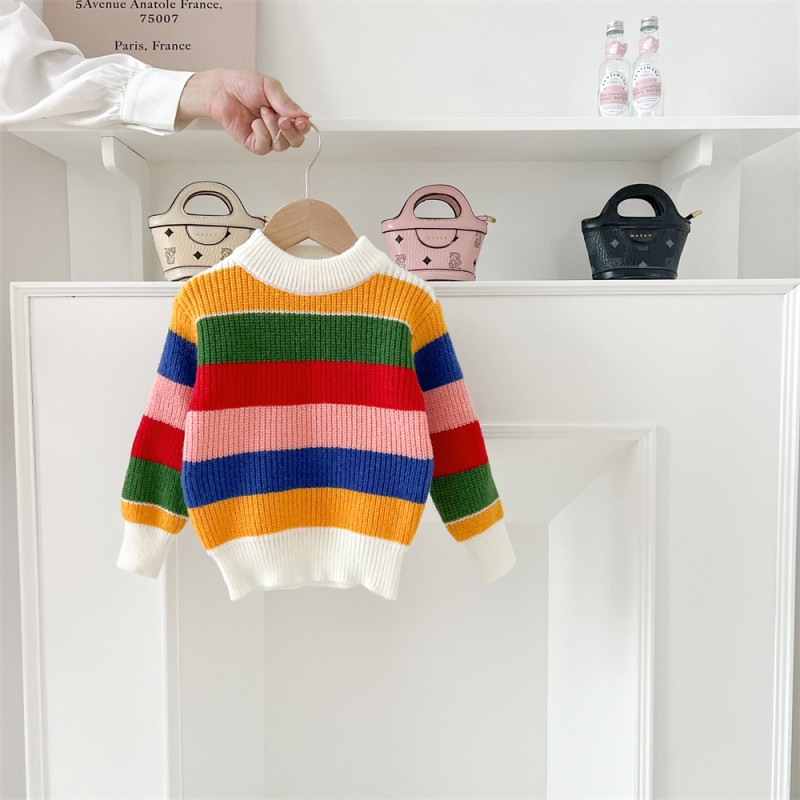 Children Sweaters Factory - Autumn Winter Rainbow Striped Knitted Pullover Boys Girls