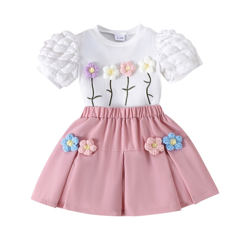 Girls Two-Piece Set Manufacturer - Wholesale Summer Cute Casual 3D Flower Cotton Top