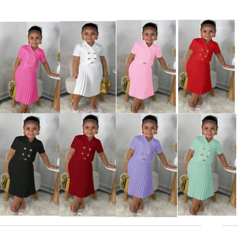 Girls Suit Factory - Hot Selling Two-Piece Set Solid Short Sleeve Buttons Top Skirt