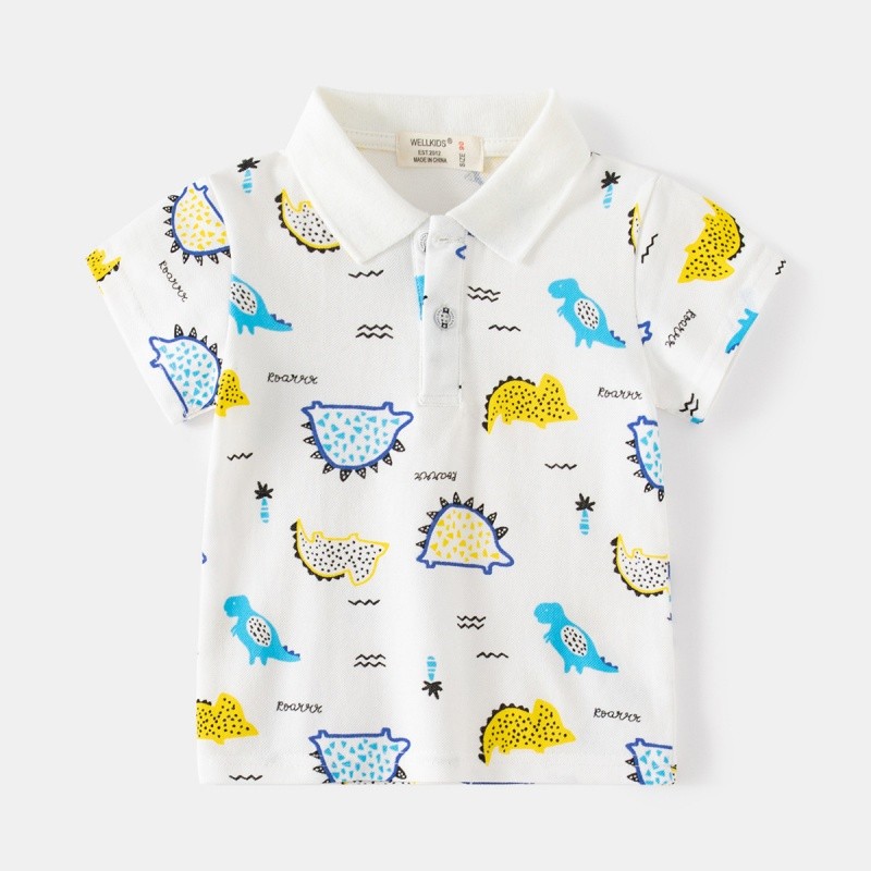Men's Polo Shirt Factory - New Dinosaur Pattern Fog Blue Cute Lapel Short-sleeved Kids