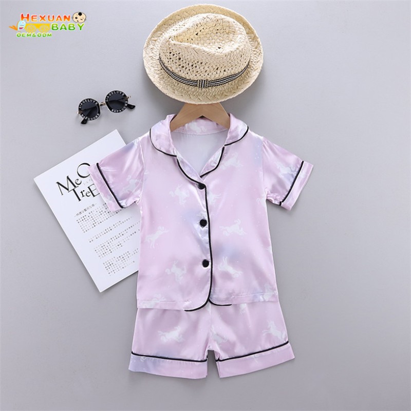 Satin Pajamas Manufacturer - Kids Set Short Sleeve Button-Down Loungewear Set Girls Boys