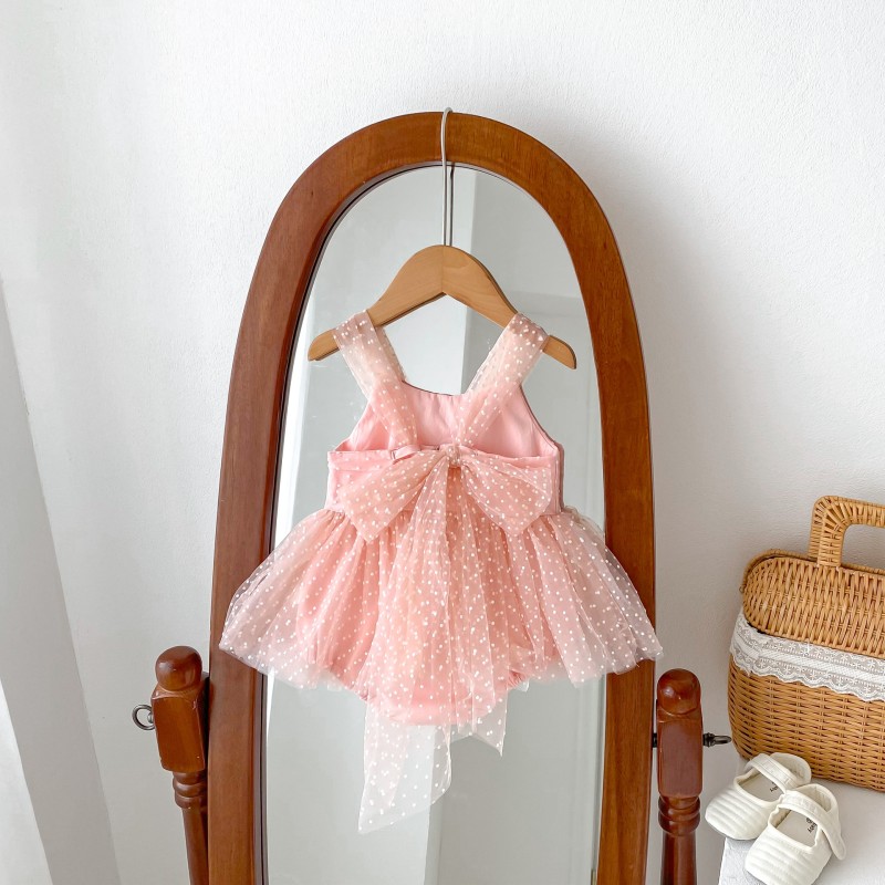 Newborn Jumpsuit Supplier - Baby Girls Romper White Pink Gauze Polka Dot Princess Dress