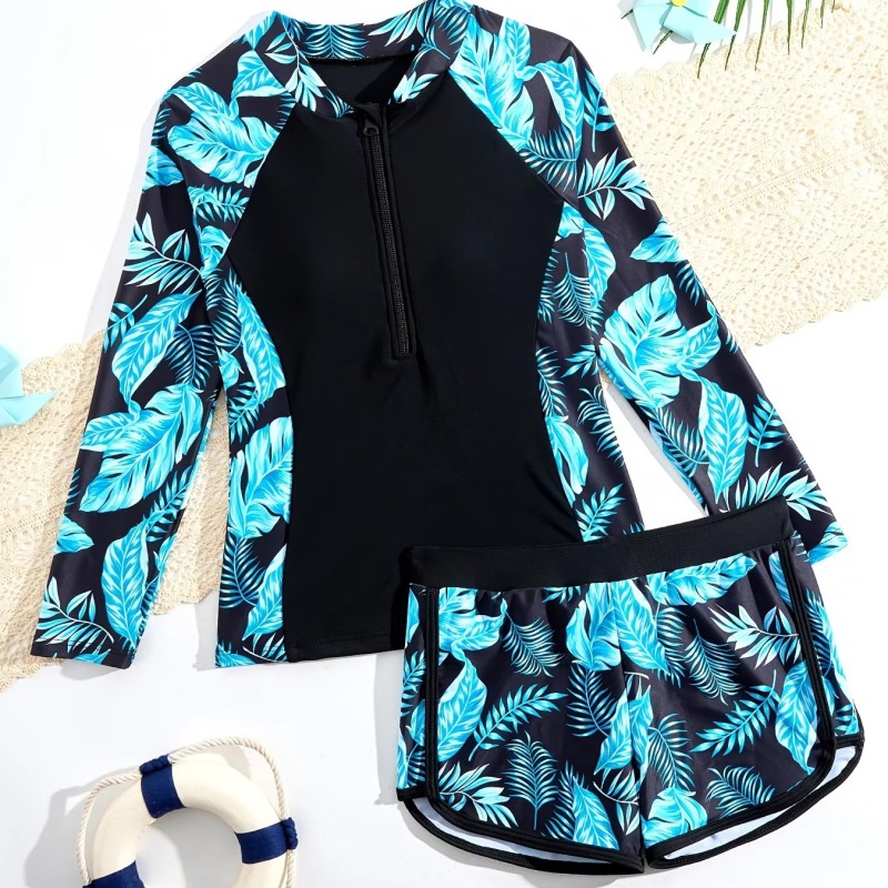 Girl Swimwear Factory - Long Sleeves Sports Surfing Tankini Set Two-Piece Bathing Suits