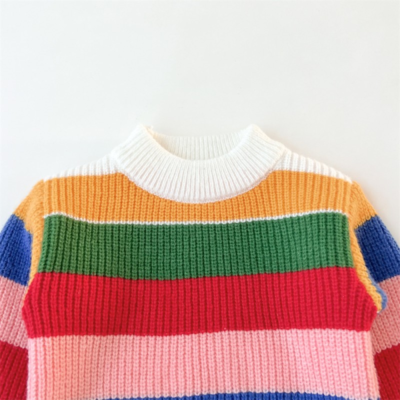 Children Sweaters Factory - Autumn Winter Rainbow Striped Knitted Pullover Boys Girls