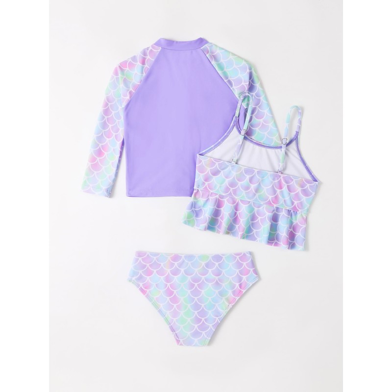 Girls Swimwear Manufacturer - 3 Pack High Waist Bikini Set With UV Protection Long Sleeves