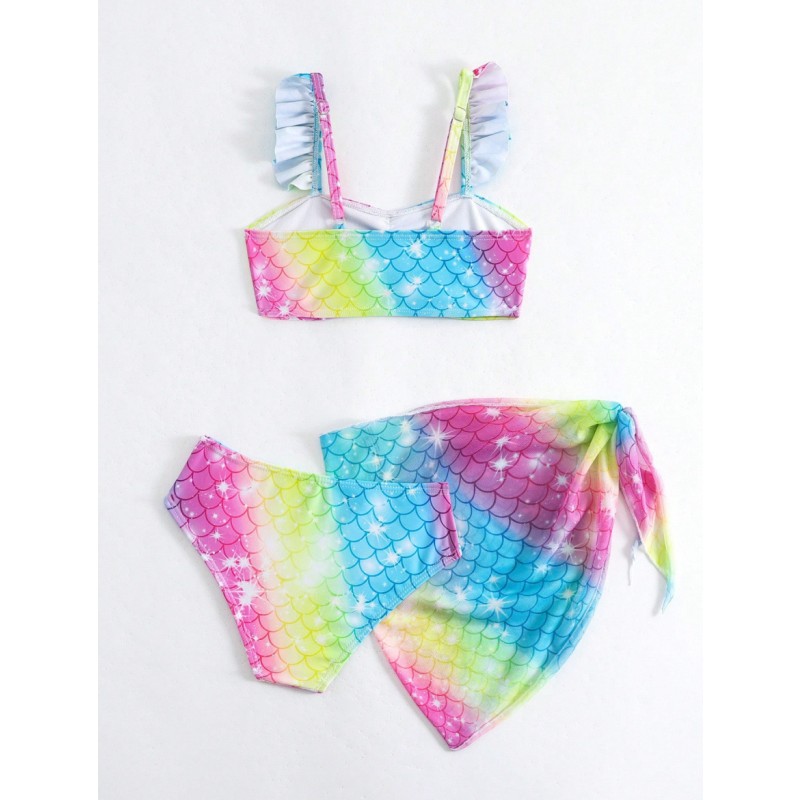 Girls Swimsuits Supplier - Fish Scale Print Tankini Summer Beachwear 3 Pieces Bikini
